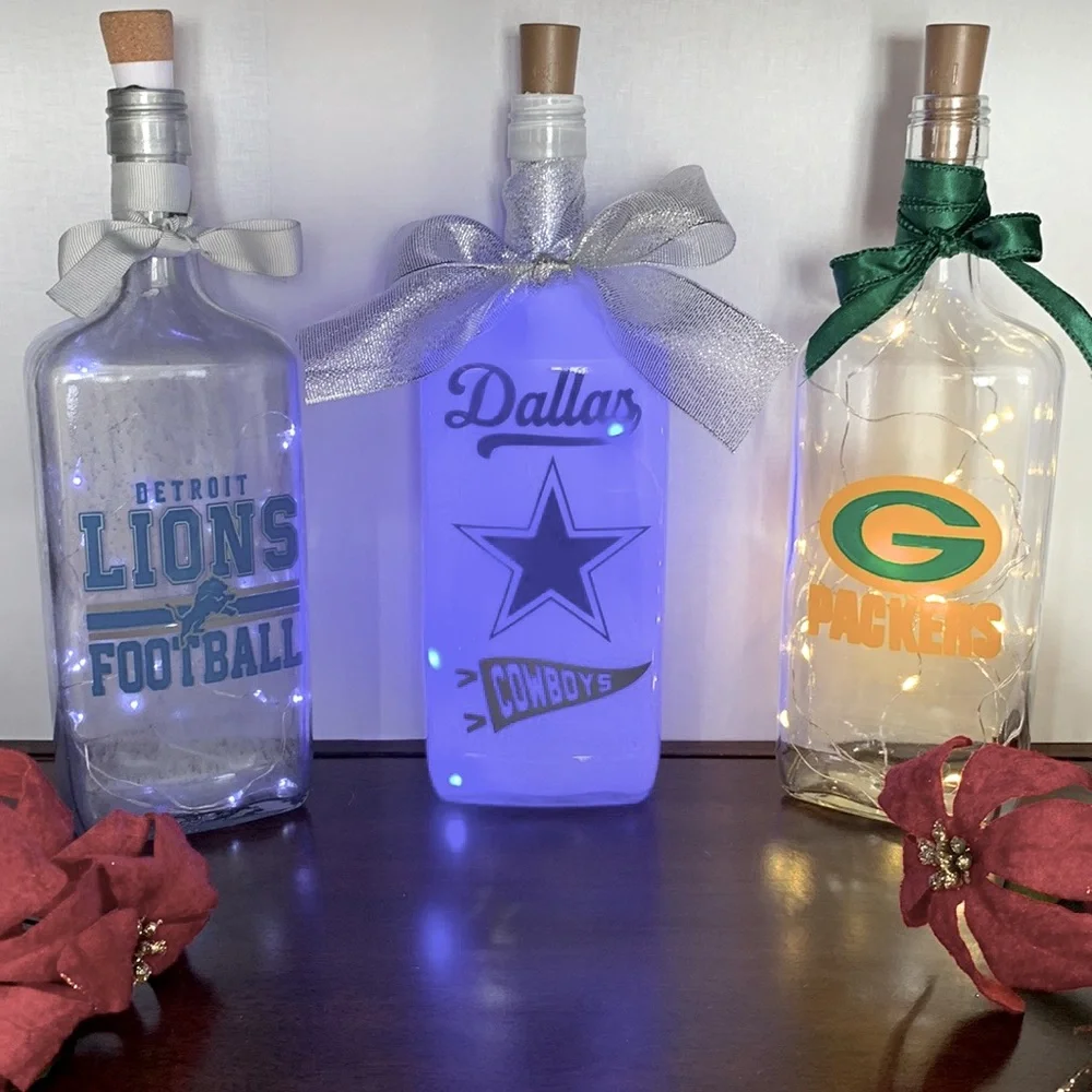 Hand Crafted, Upcycled Detroit Lions Spirit Bottle Lantern